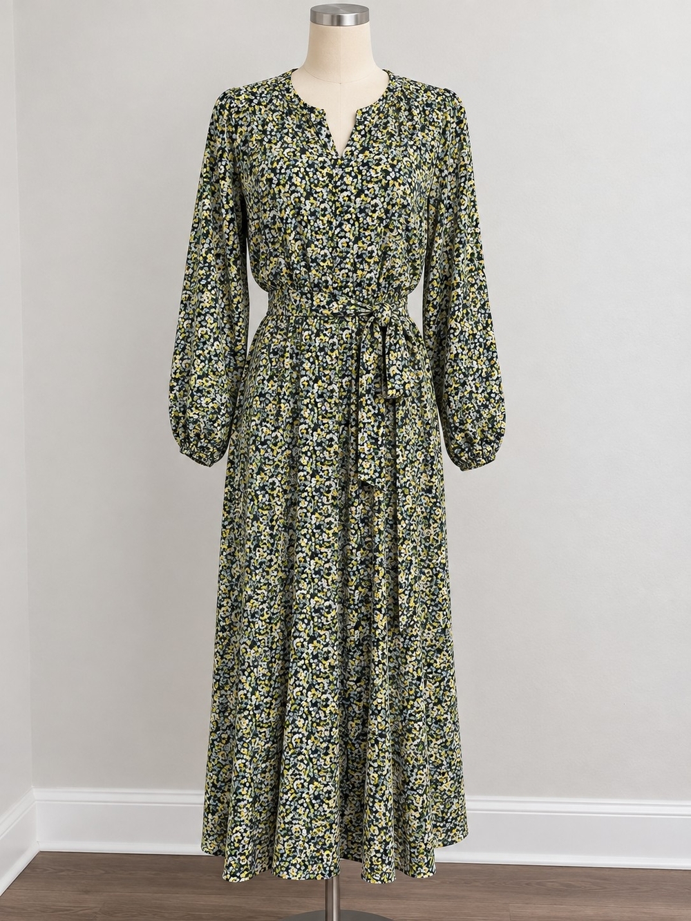 H&M Green and Yellow Floral Tie-Waist Maxi Dress